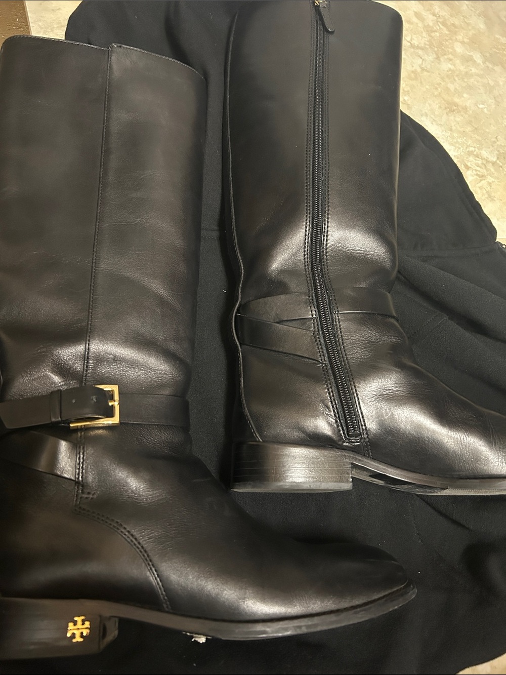 Tory Burch Black Leather Knee-High Riding Boots with Gold Logo